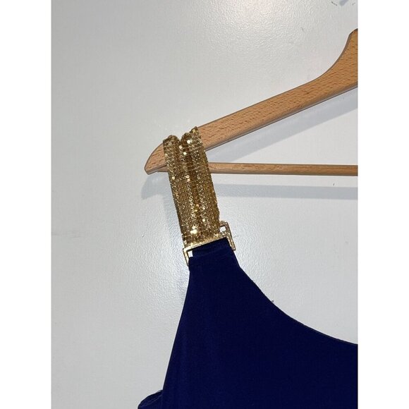 Betsy & Adam One-Shoulder Navy Blue Dress With Gold Sequin Strap size 14 - Picture 3 of 10